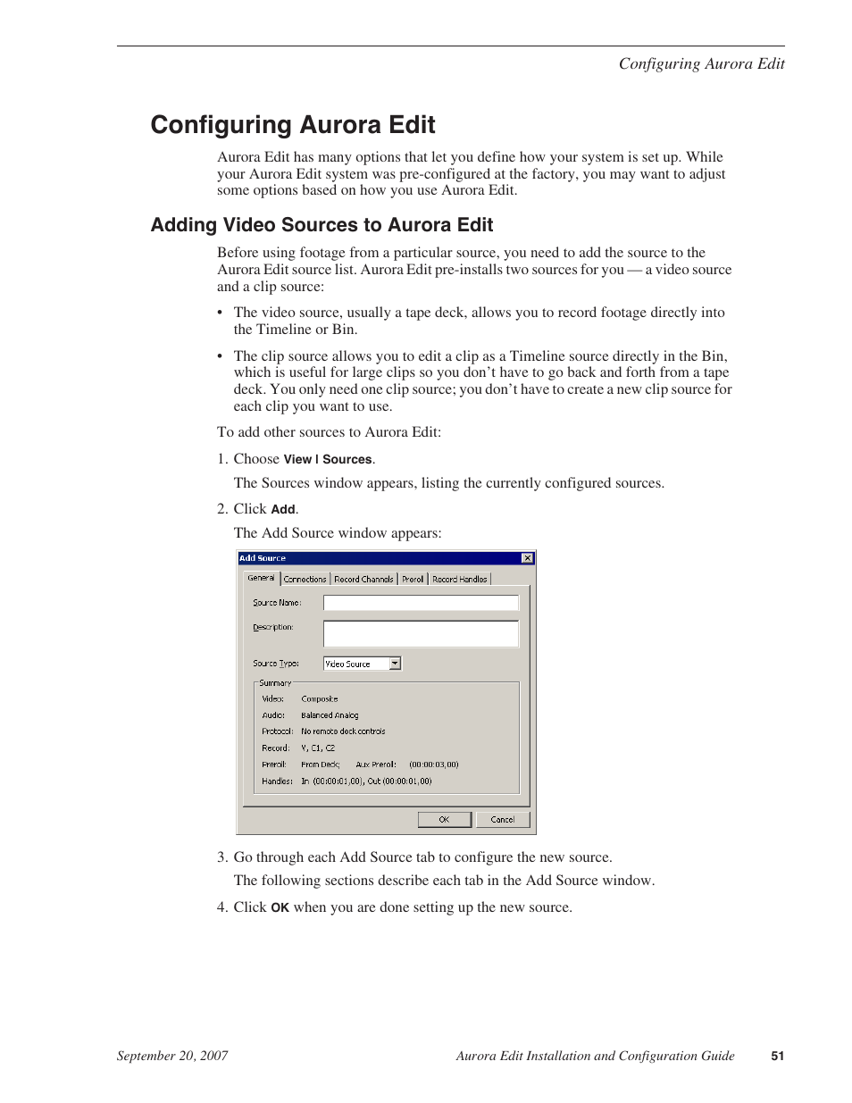 Configuring aurora edit, Adding video sources to aurora edit | Grass Valley Aurora Edit LD v.6.3 Installation User Manual | Page 51 / 86