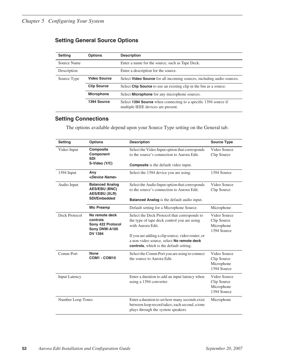 Setting general source options, Setting connections | Grass Valley Aurora Edit LD v.6.3 Installation User Manual | Page 52 / 86