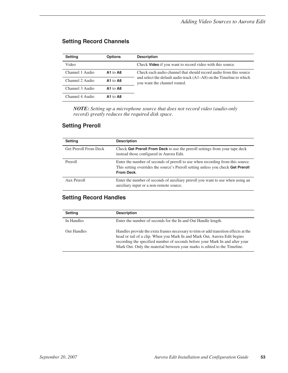 Setting record channels, Setting preroll, Setting record handles | Setting preroll setting record handles | Grass Valley Aurora Edit LD v.6.3 Installation User Manual | Page 53 / 86