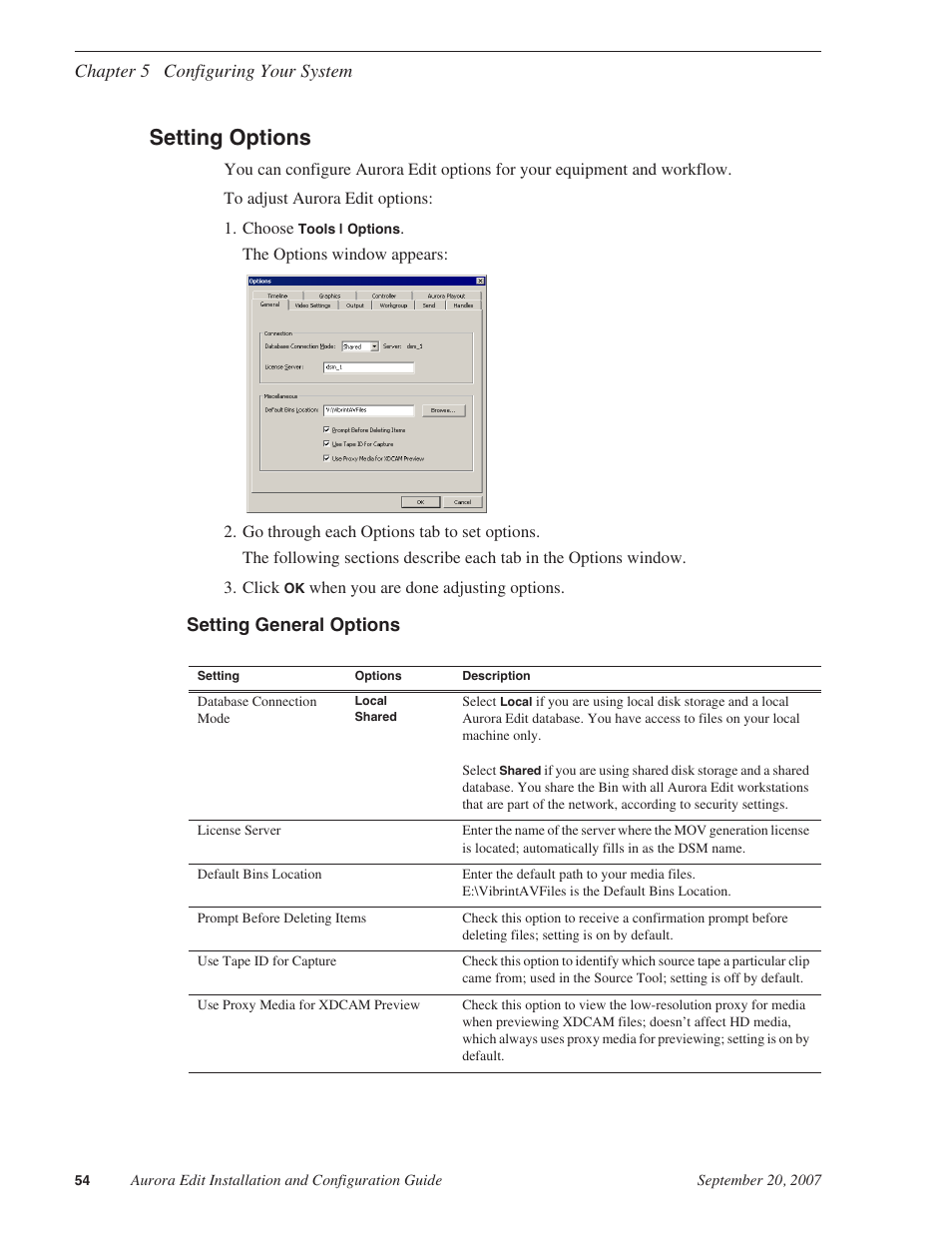 Setting options, Setting general options | Grass Valley Aurora Edit LD v.6.3 Installation User Manual | Page 54 / 86