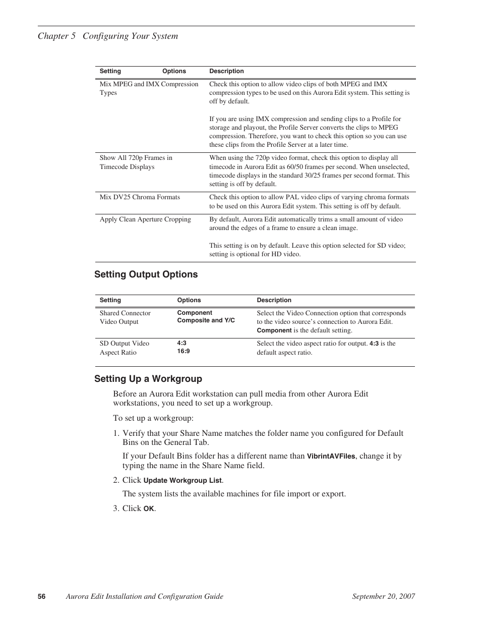 Setting output options, Setting up a workgroup | Grass Valley Aurora Edit LD v.6.3 Installation User Manual | Page 56 / 86