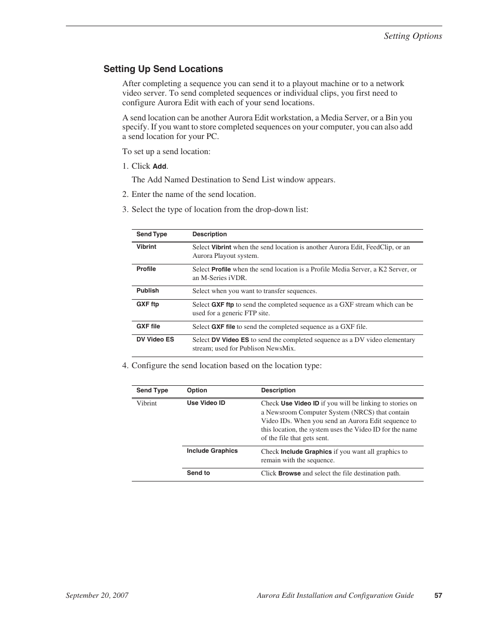 Setting up send locations, Setting options setting up send locations | Grass Valley Aurora Edit LD v.6.3 Installation User Manual | Page 57 / 86