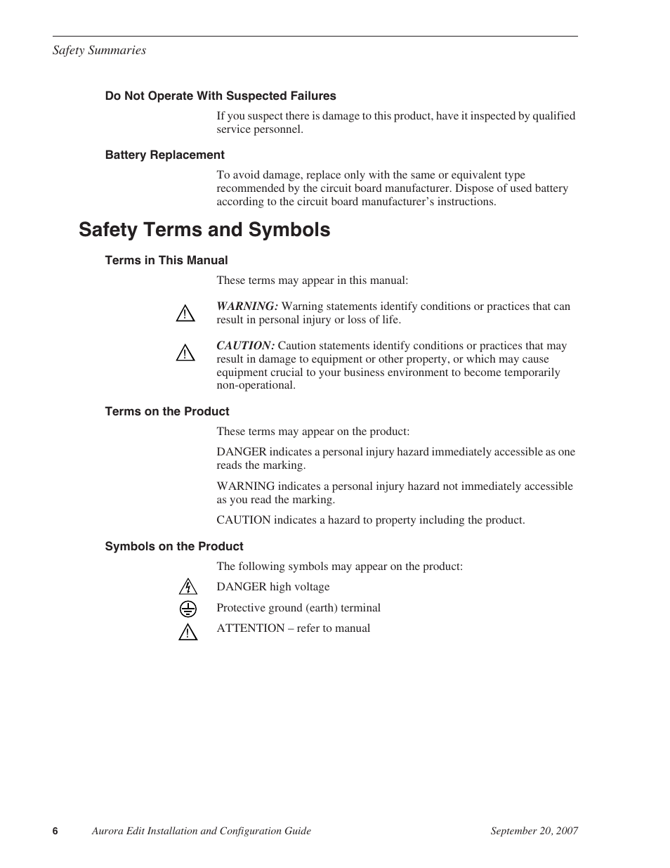 Safety terms and symbols | Grass Valley Aurora Edit LD v.6.3 Installation User Manual | Page 6 / 86
