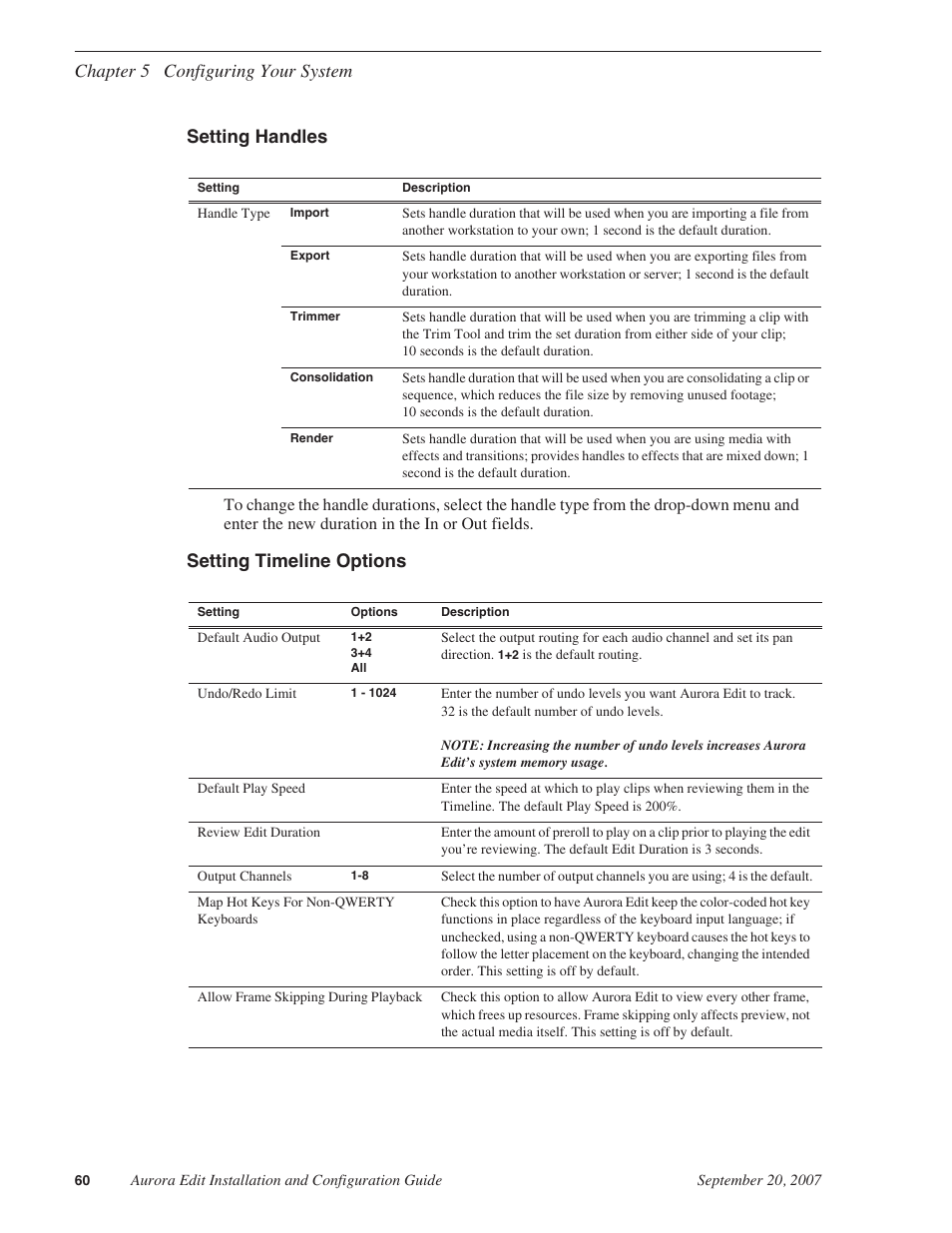 Setting handles, Setting timeline options, Chapter 5 configuring your system setting handles | Grass Valley Aurora Edit LD v.6.3 Installation User Manual | Page 60 / 86