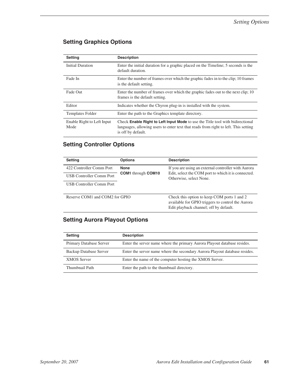 Setting graphics options, Setting controller options, Setting aurora playout options | Grass Valley Aurora Edit LD v.6.3 Installation User Manual | Page 61 / 86