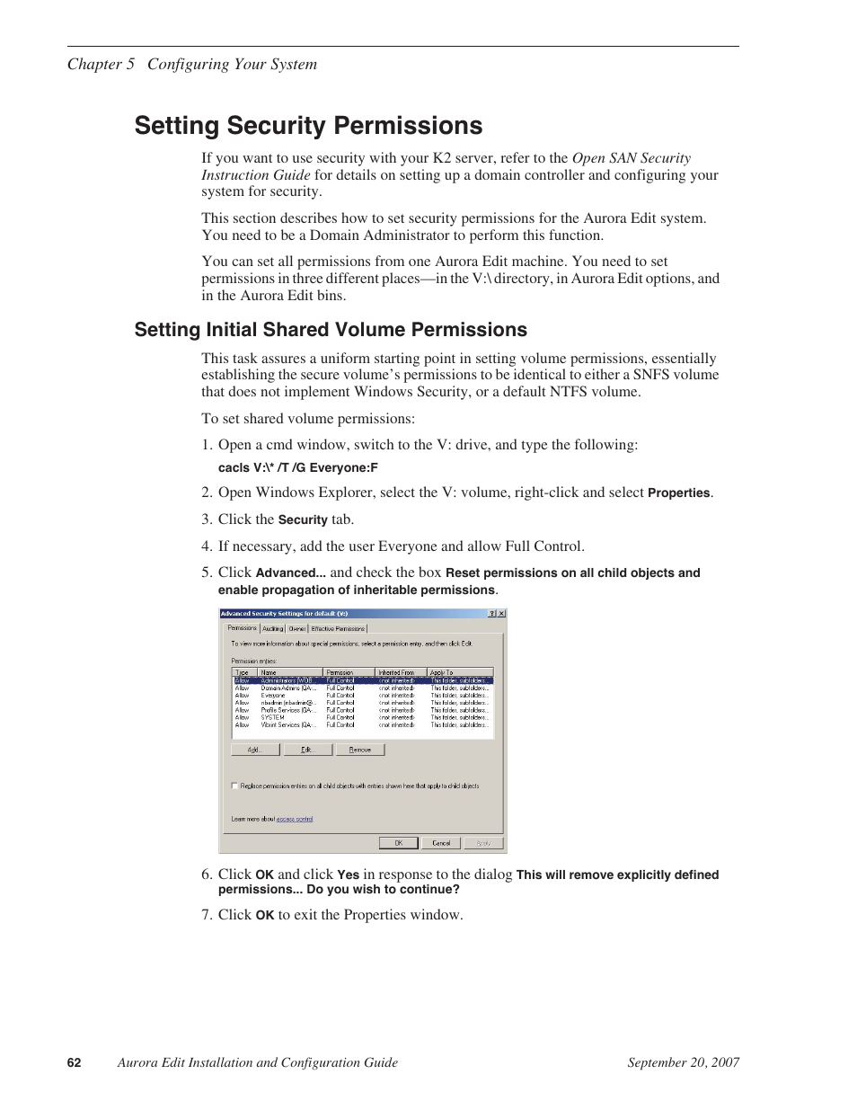 Setting security permissions, Setting initial shared volume permissions | Grass Valley Aurora Edit LD v.6.3 Installation User Manual | Page 62 / 86