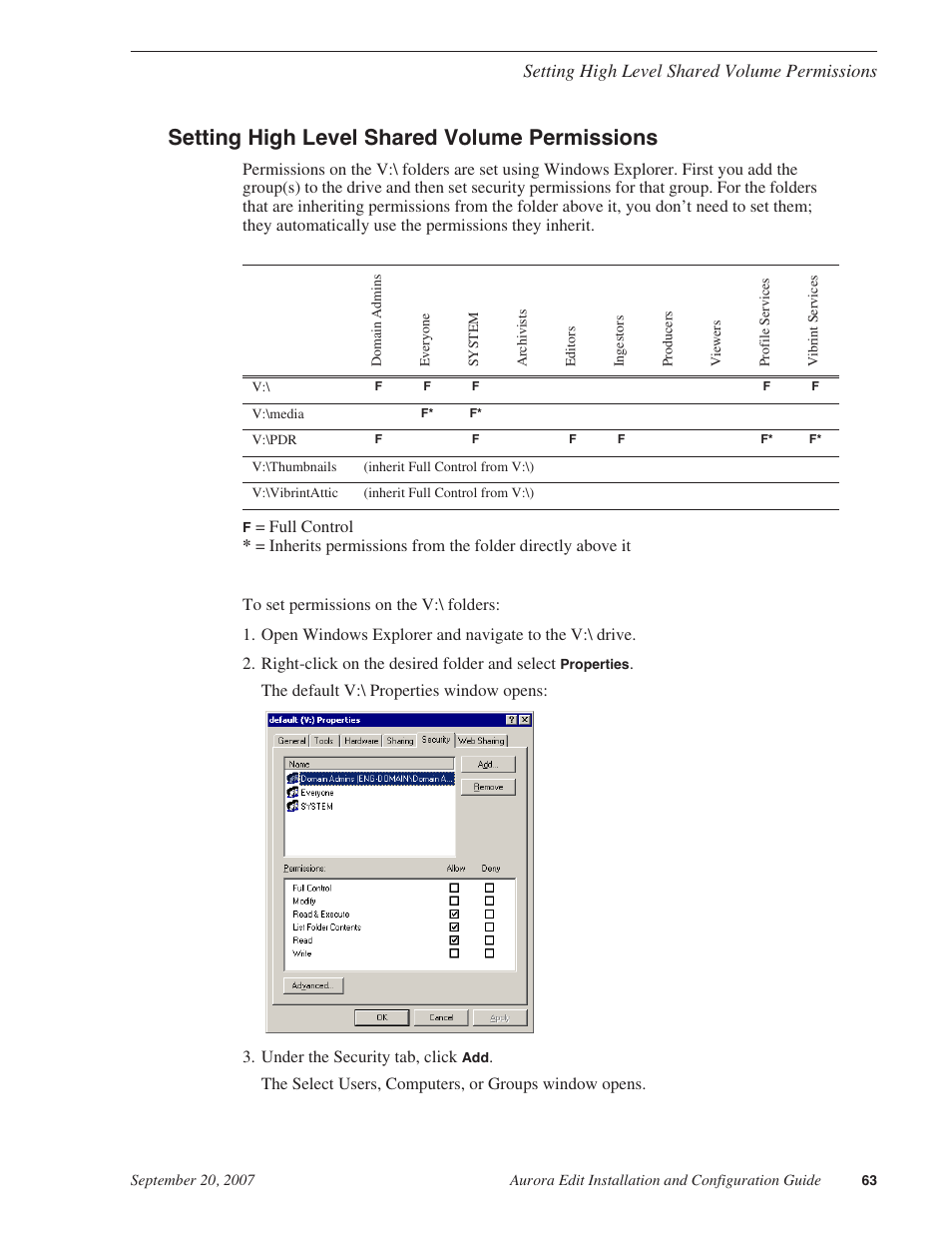 Setting high level shared volume permissions | Grass Valley Aurora Edit LD v.6.3 Installation User Manual | Page 63 / 86