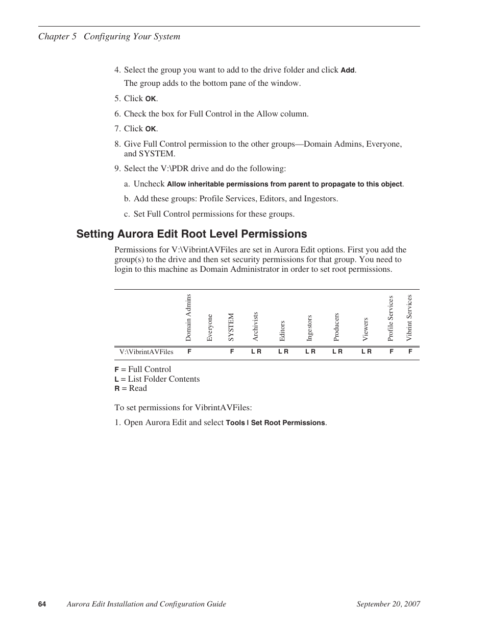 Setting aurora edit root level permissions | Grass Valley Aurora Edit LD v.6.3 Installation User Manual | Page 64 / 86