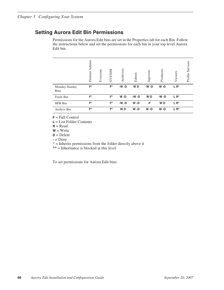 Setting aurora edit bin permissions, Chapter 5 configuring your system | Grass Valley Aurora Edit LD v.6.3 Installation User Manual | Page 66 / 86