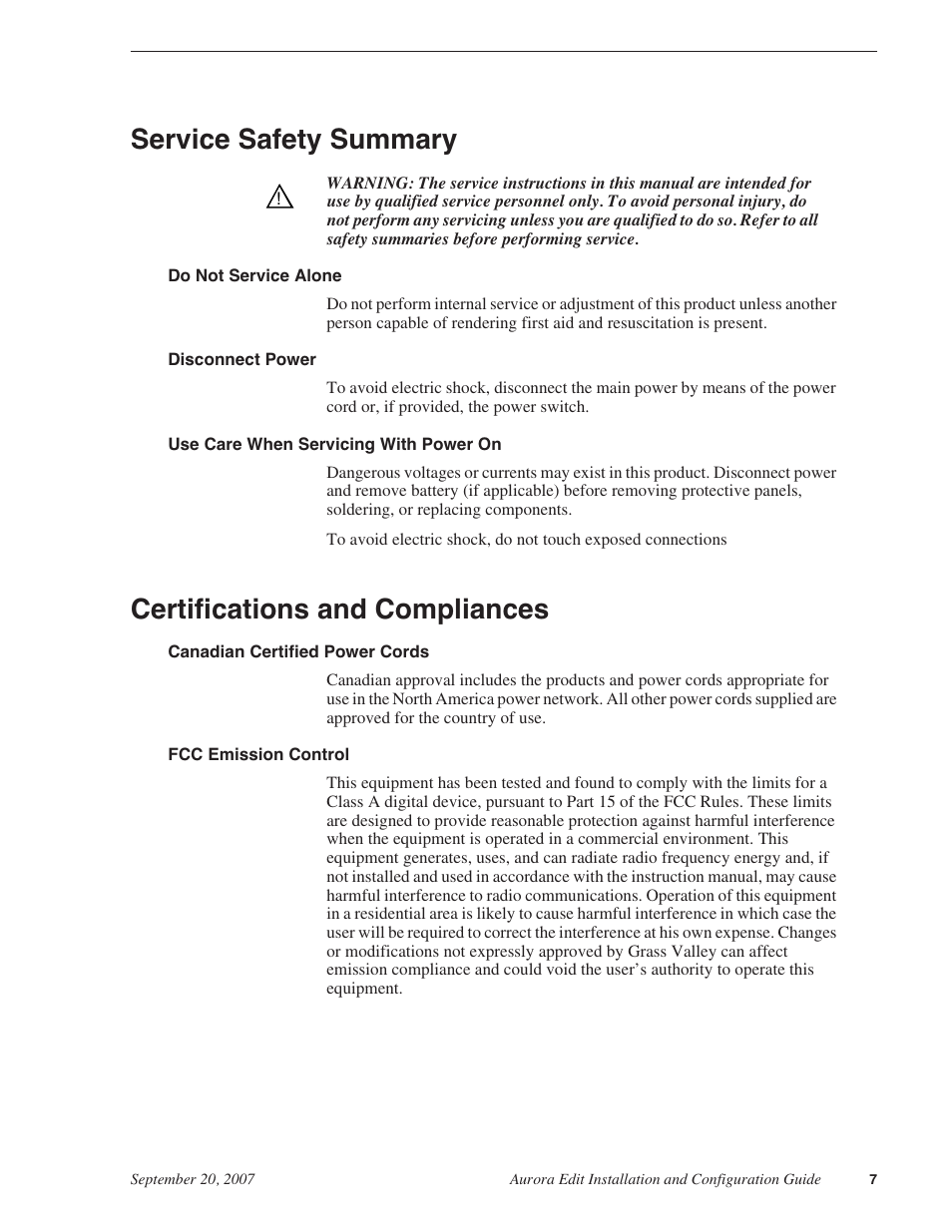 Service safety summary, Certifications and compliances | Grass Valley Aurora Edit LD v.6.3 Installation User Manual | Page 7 / 86