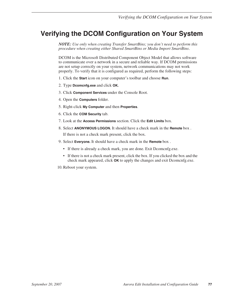 Verifying the dcom configuration on your system, Verifying the dcom configuration on your | Grass Valley Aurora Edit LD v.6.3 Installation User Manual | Page 77 / 86