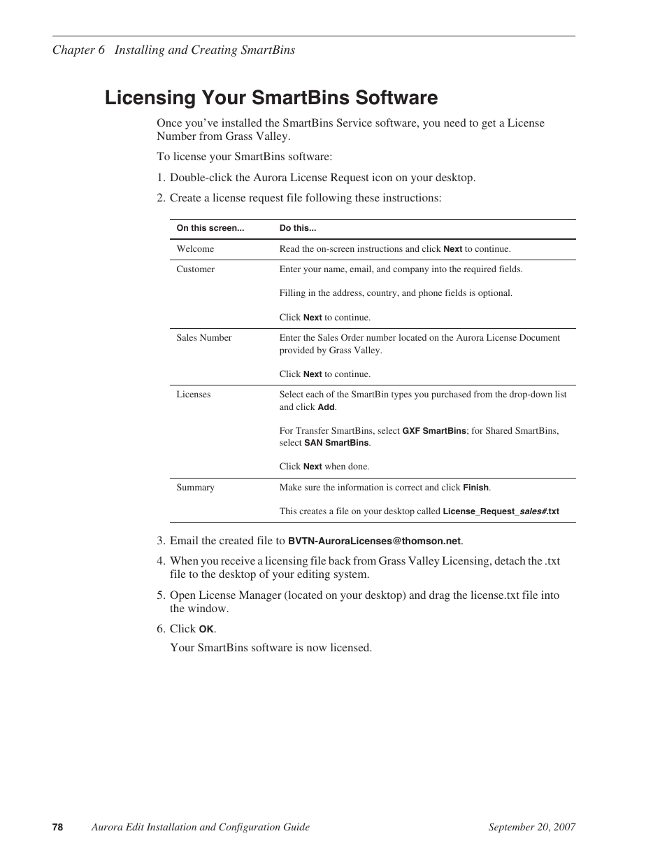 Licensing your smartbins software, Licensing your smartbins software” on | Grass Valley Aurora Edit LD v.6.3 Installation User Manual | Page 78 / 86