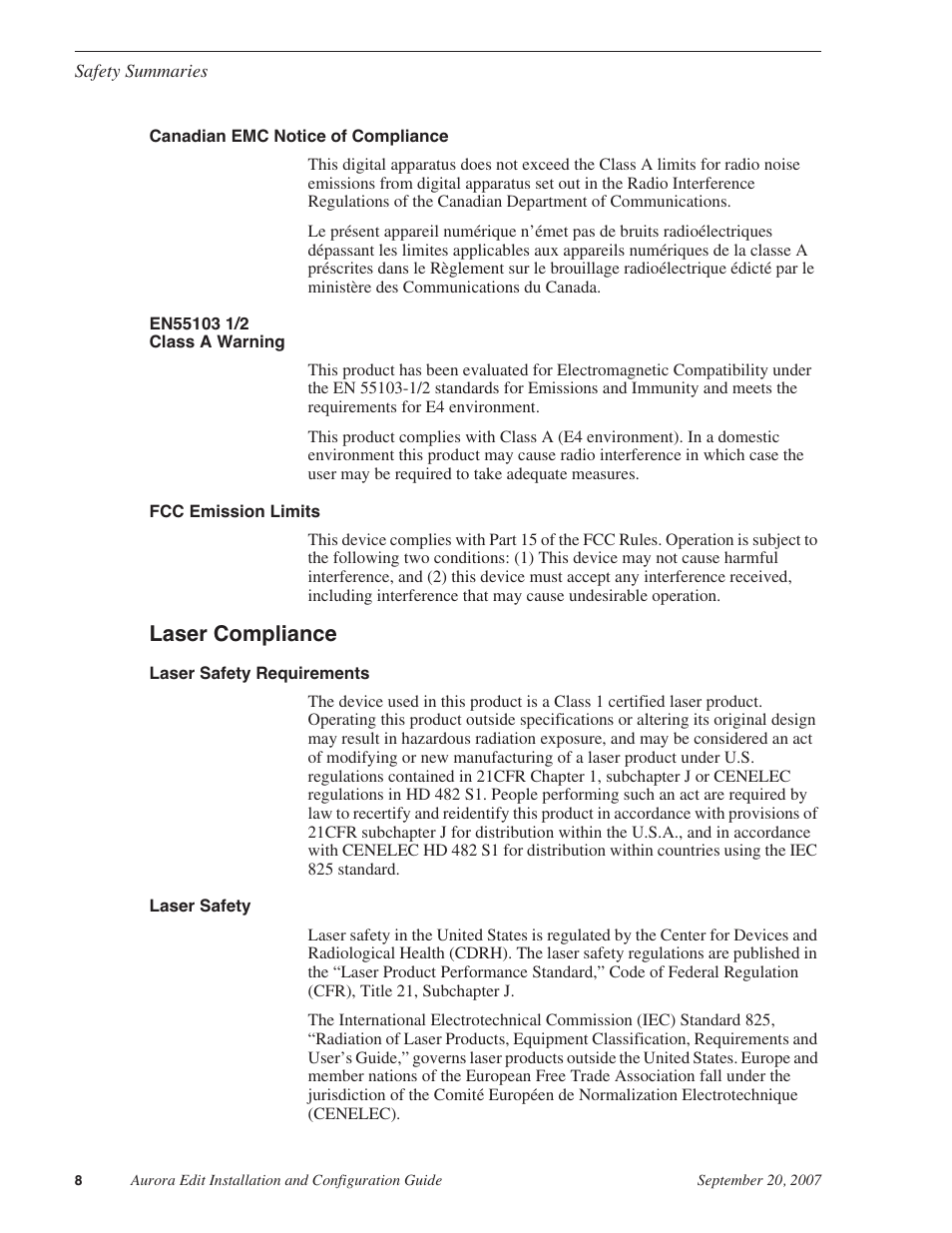 Laser compliance | Grass Valley Aurora Edit LD v.6.3 Installation User Manual | Page 8 / 86