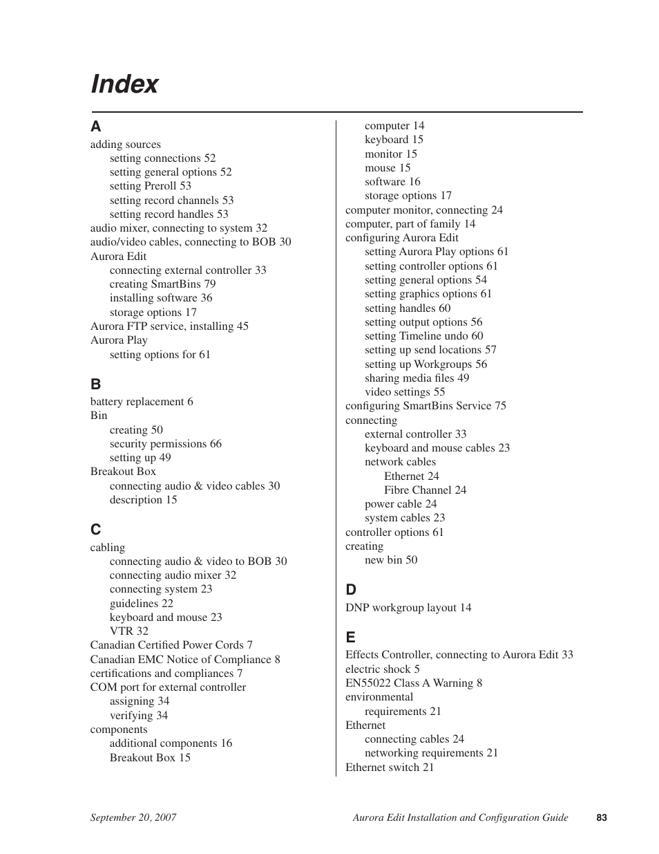 Index | Grass Valley Aurora Edit LD v.6.3 Installation User Manual | Page 83 / 86