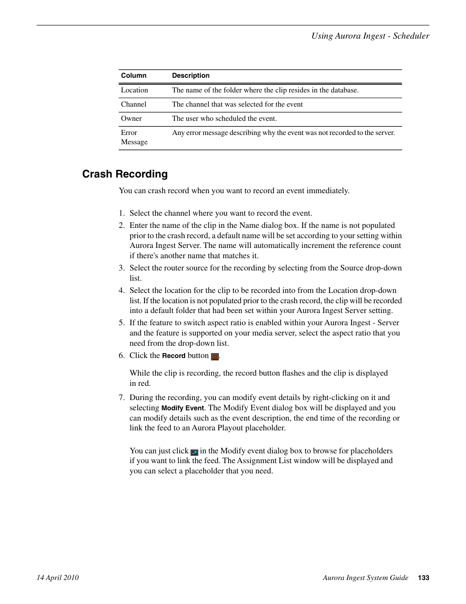 Crash recording | Grass Valley Aurora Ingest v.7.0.0 User Manual | Page 133 / 236