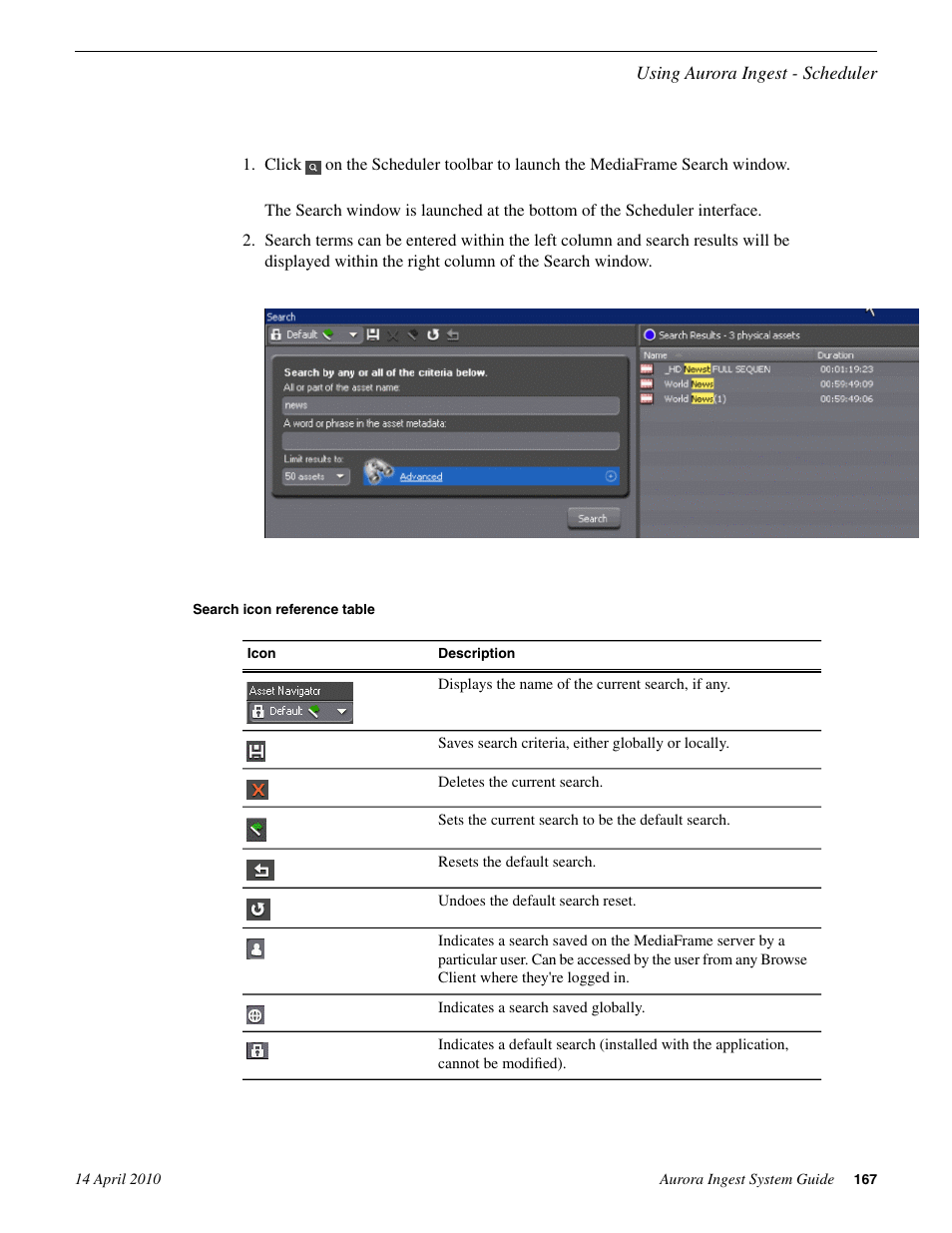 Search icon reference table | Grass Valley Aurora Ingest v.7.0.0 User Manual | Page 167 / 236