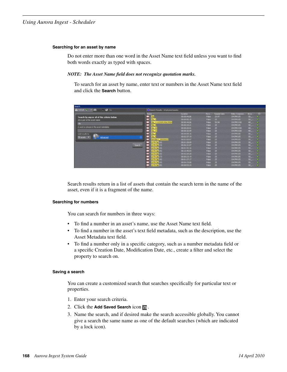 Searching for an asset by name, Searching for numbers, Saving a search | Grass Valley Aurora Ingest v.7.0.0 User Manual | Page 168 / 236