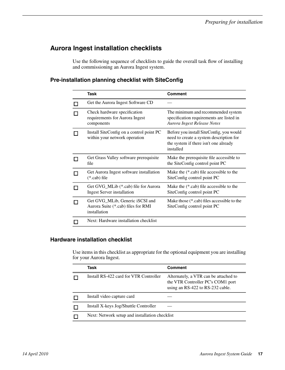 Aurora ingest installation checklists, Hardware installation checklist | Grass Valley Aurora Ingest v.7.0.0 User Manual | Page 17 / 236