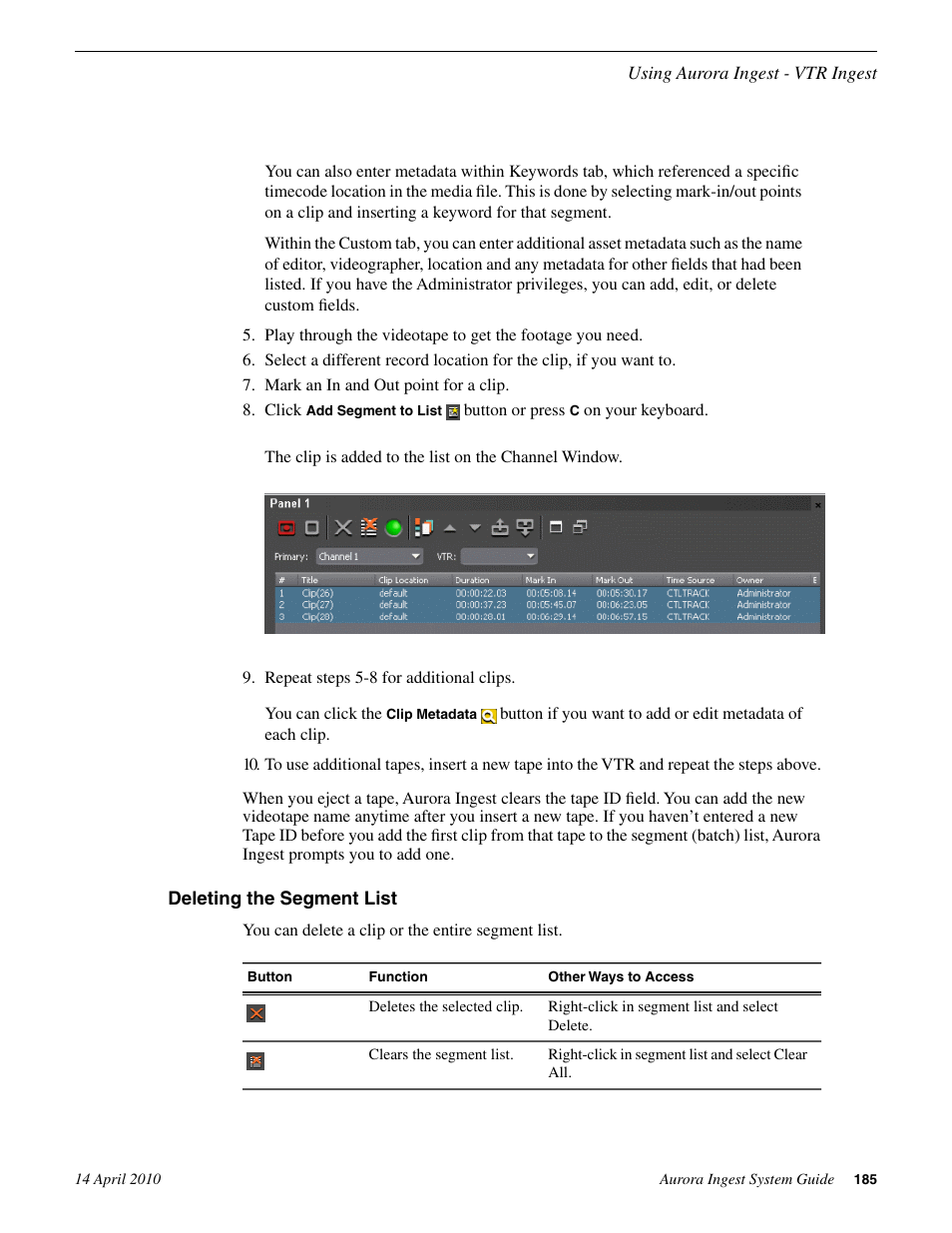 Deleting the segment list | Grass Valley Aurora Ingest v.7.0.0 User Manual | Page 185 / 236
