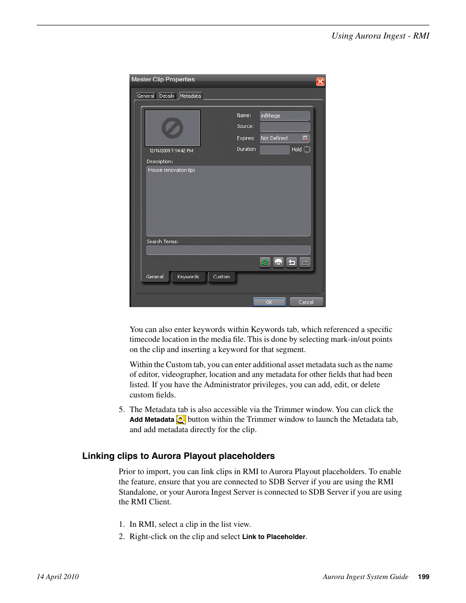 Linking clips to aurora playout placeholders | Grass Valley Aurora Ingest v.7.0.0 User Manual | Page 199 / 236