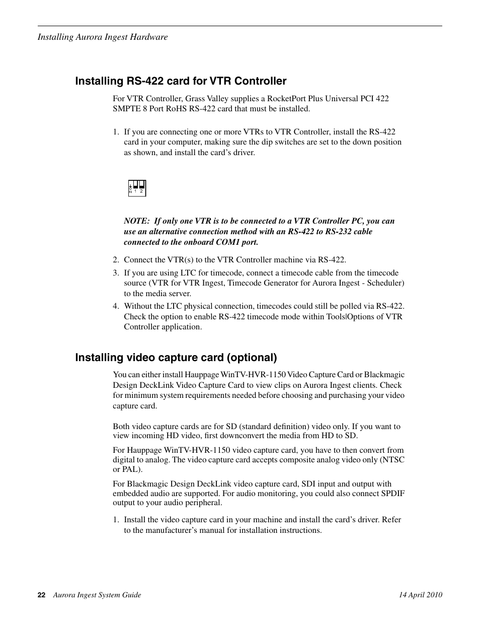 Installing rs-422 card for vtr controller, Installing video capture card (optional) | Grass Valley Aurora Ingest v.7.0.0 User Manual | Page 22 / 236