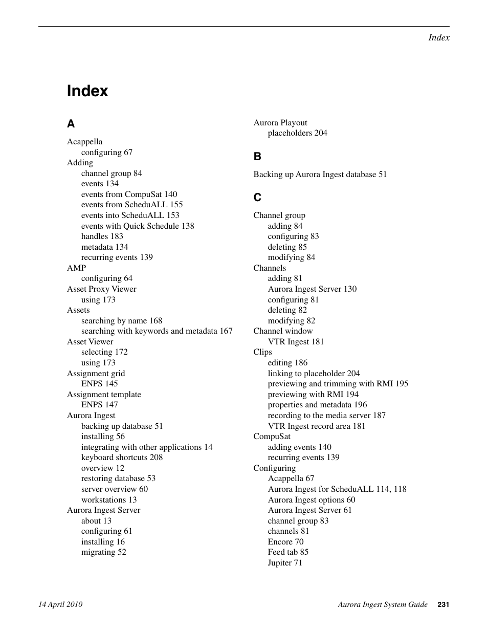 Index | Grass Valley Aurora Ingest v.7.0.0 User Manual | Page 231 / 236