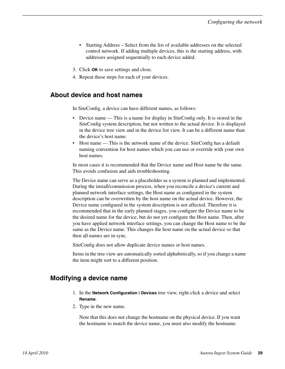 About device and host names, Modifying a device name | Grass Valley Aurora Ingest v.7.0.0 User Manual | Page 29 / 236