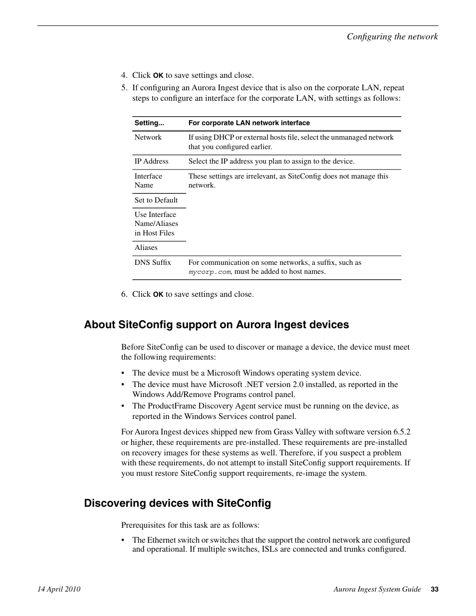 About siteconfig support on aurora ingest devices, Discovering devices with siteconfig | Grass Valley Aurora Ingest v.7.0.0 User Manual | Page 33 / 236