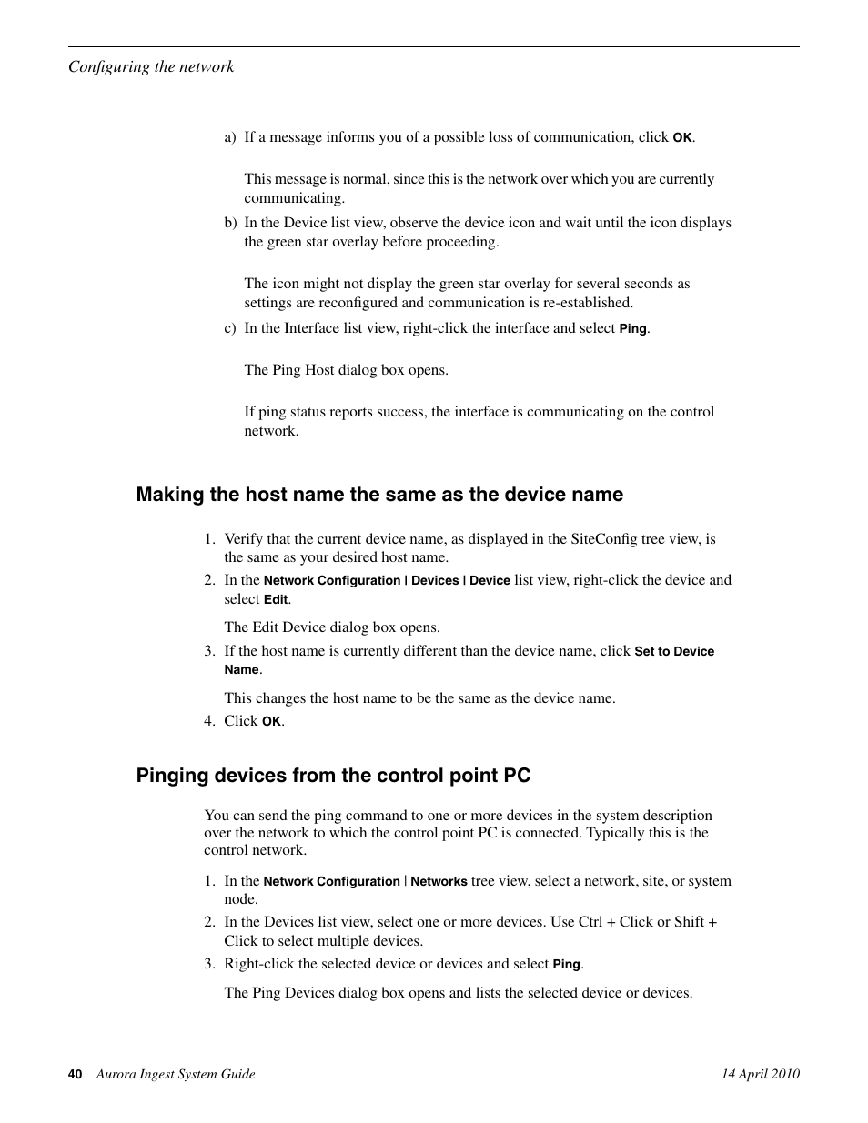 Making the host name the same as the device name, Pinging devices from the control point pc | Grass Valley Aurora Ingest v.7.0.0 User Manual | Page 40 / 236