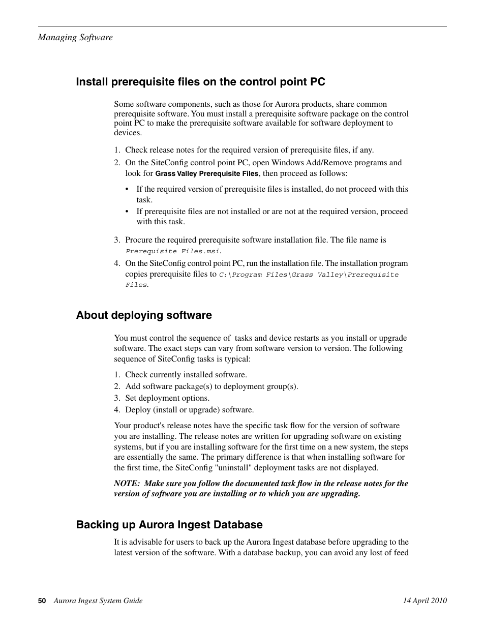 Install prerequisite files on the control point pc, About deploying software, Backing up aurora ingest database | Grass Valley Aurora Ingest v.7.0.0 User Manual | Page 50 / 236