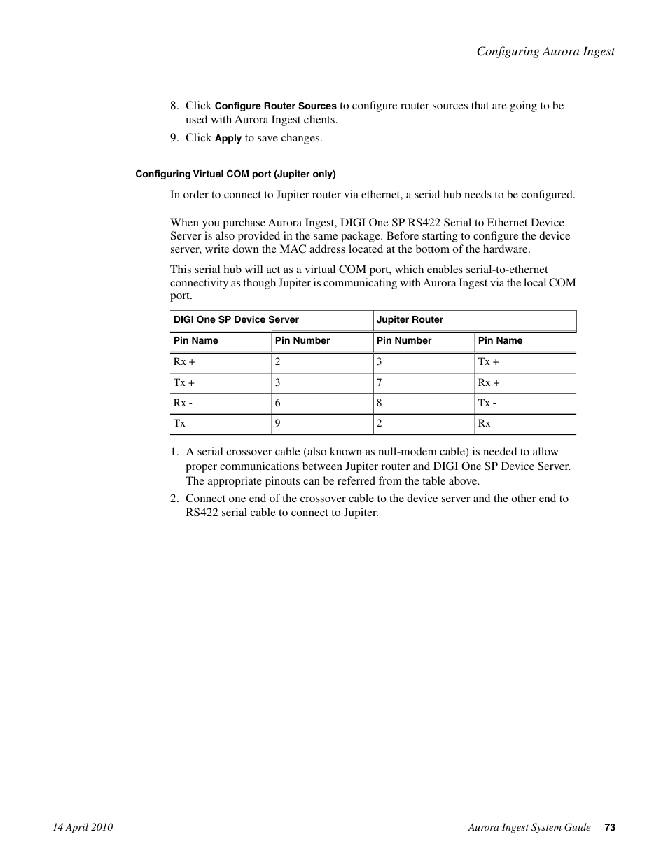 Configuring virtual com port (jupiter only) | Grass Valley Aurora Ingest v.7.0.0 User Manual | Page 73 / 236