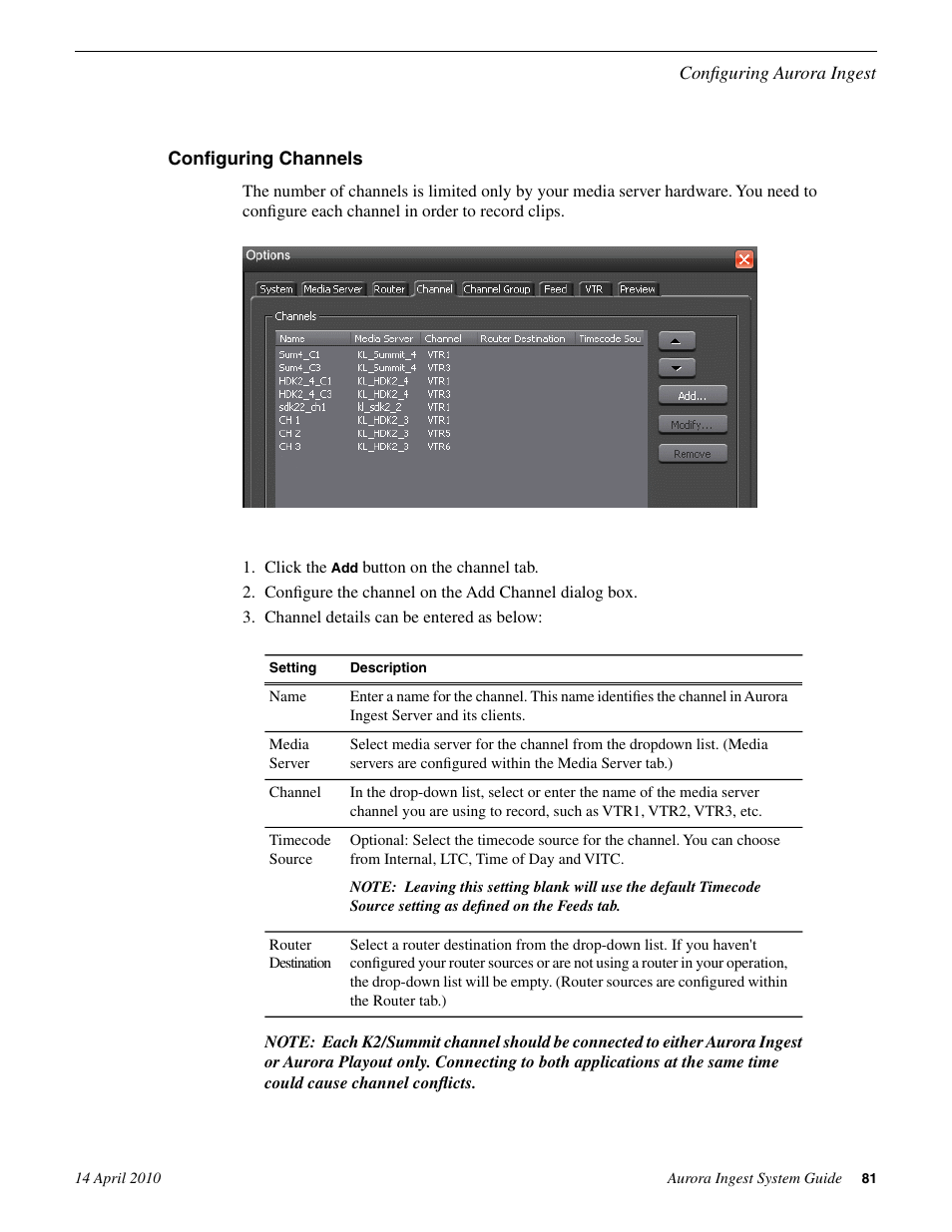 Configuring channels | Grass Valley Aurora Ingest v.7.0.0 User Manual | Page 81 / 236