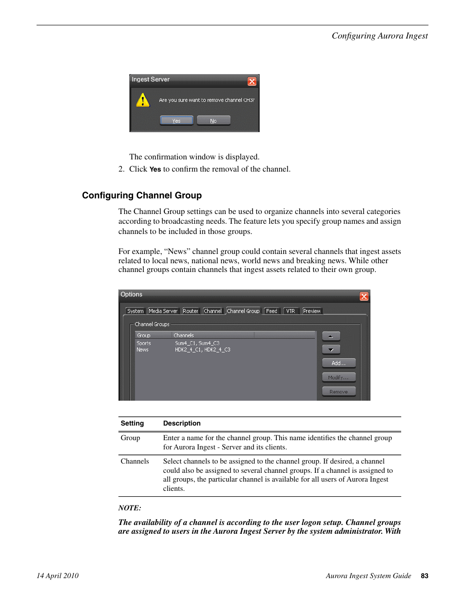 Configuring channel group | Grass Valley Aurora Ingest v.7.0.0 User Manual | Page 83 / 236