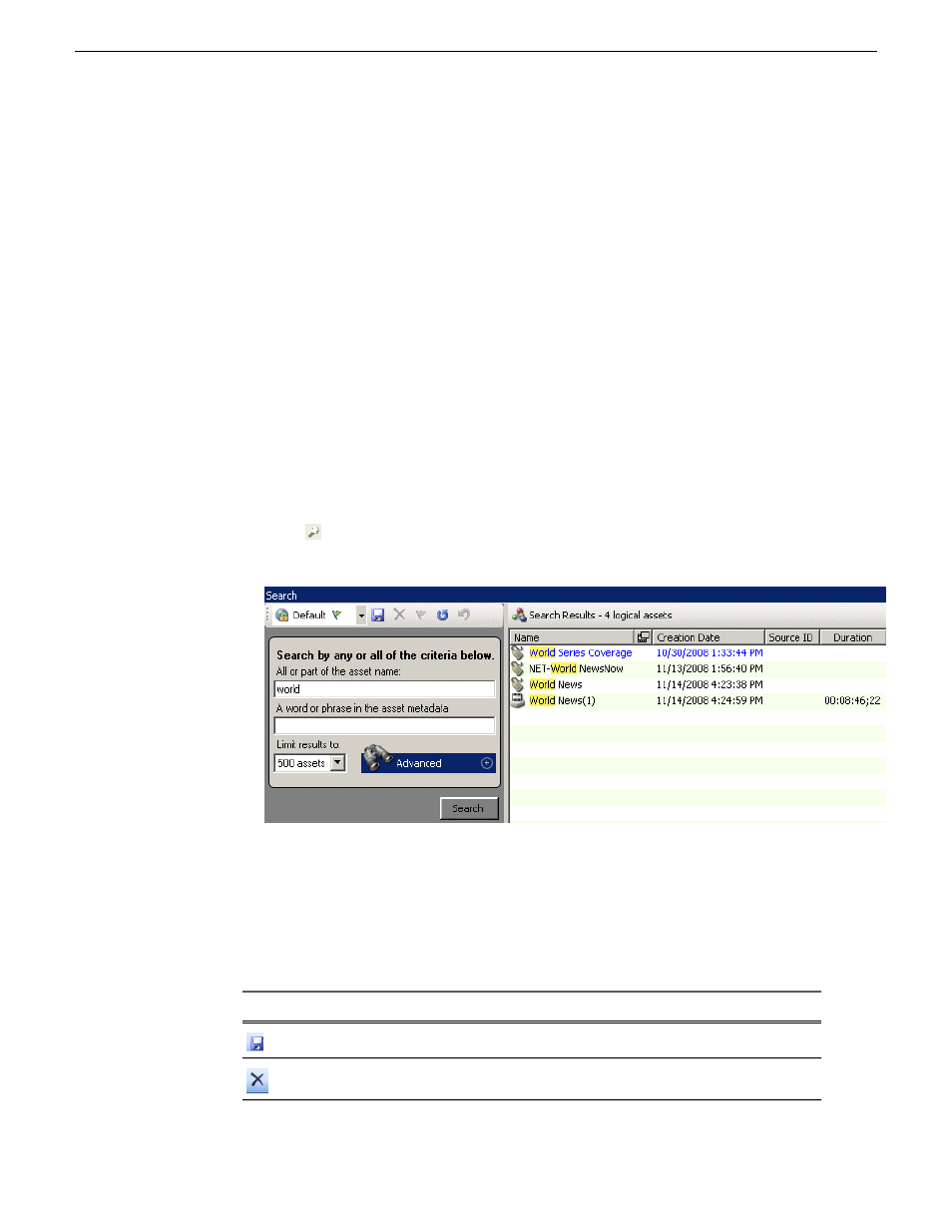 Using mediaframe in scheduler, Searching assets, Search icon reference table | Grass Valley Aurora Ingest v.6.5.2 User Manual | Page 145 / 214