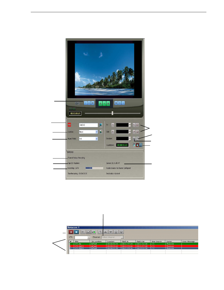 Clip record area, Channel window, Tour of the vtr ingest window | Grass Valley Aurora Ingest v.6.3 User Manual | Page 103 / 122