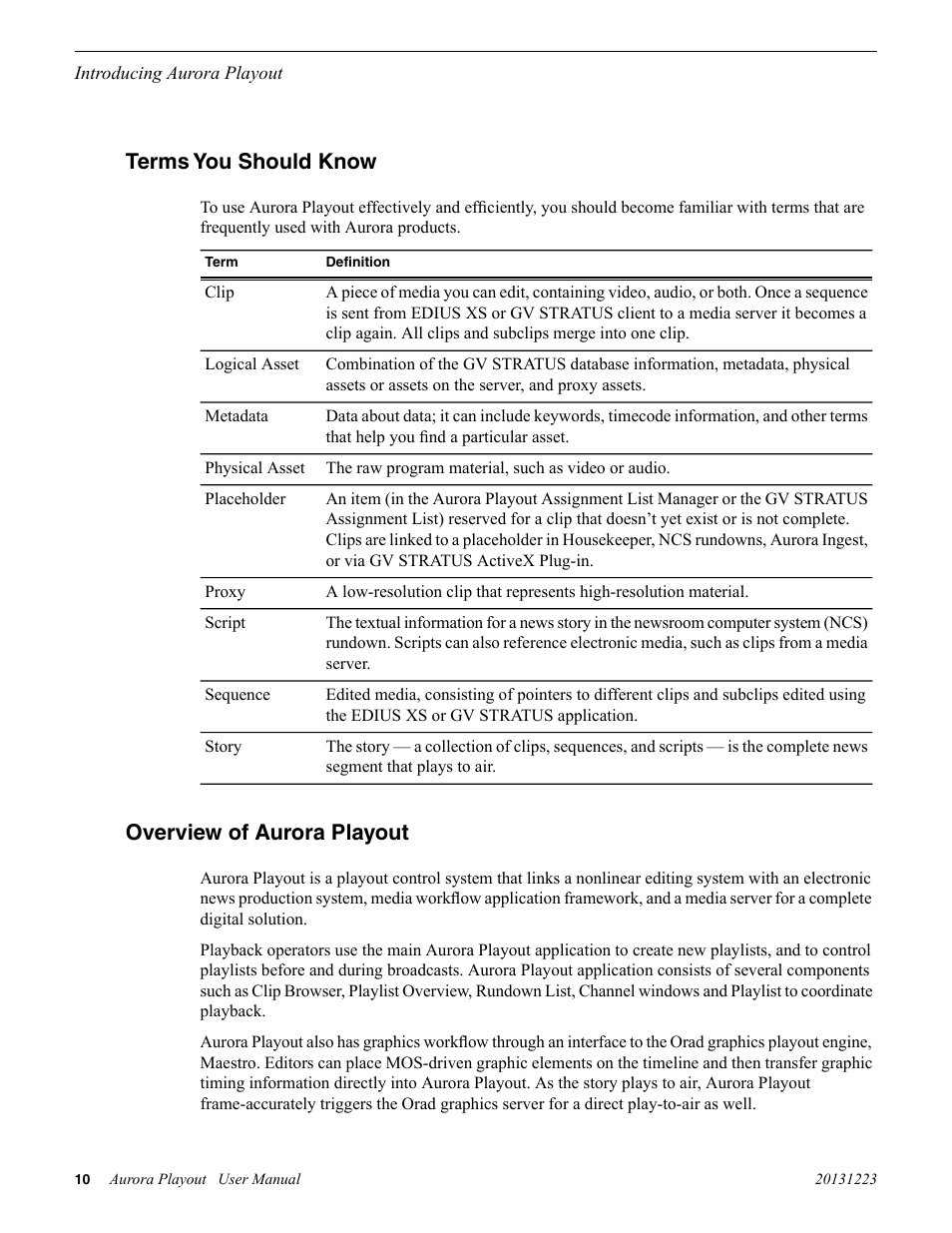 Terms you should know, Overview of aurora playout, Terms you should know overview of aurora playout | Grass Valley Aurora Playout v.8.1 User Manual | Page 10 / 186