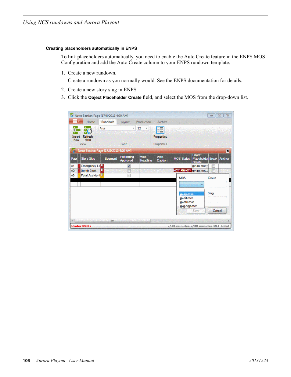 Creating placeholders automatically in enps | Grass Valley Aurora Playout v.8.1 User Manual | Page 106 / 186