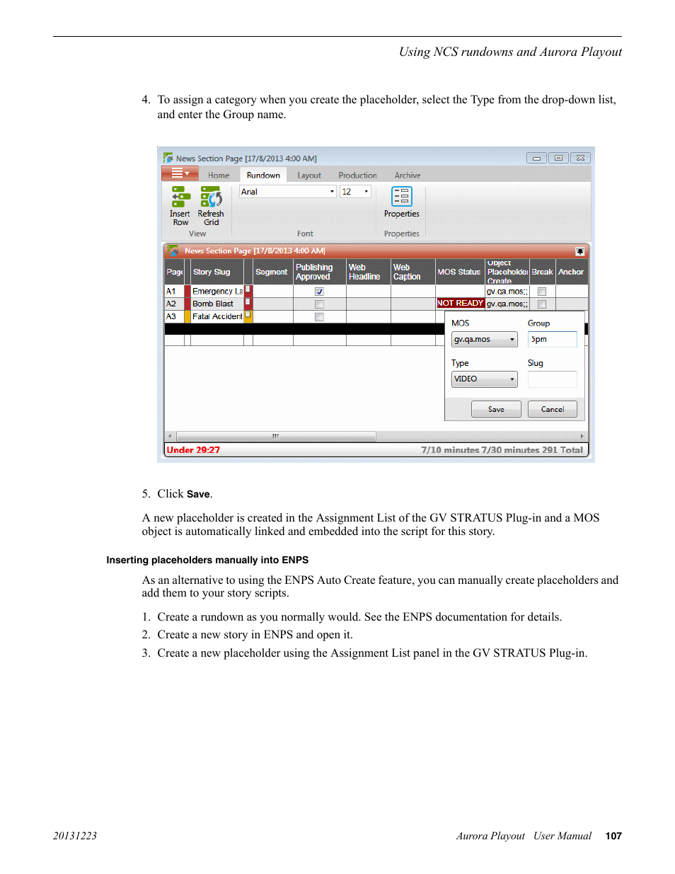 Inserting placeholders manually into enps | Grass Valley Aurora Playout v.8.1 User Manual | Page 107 / 186