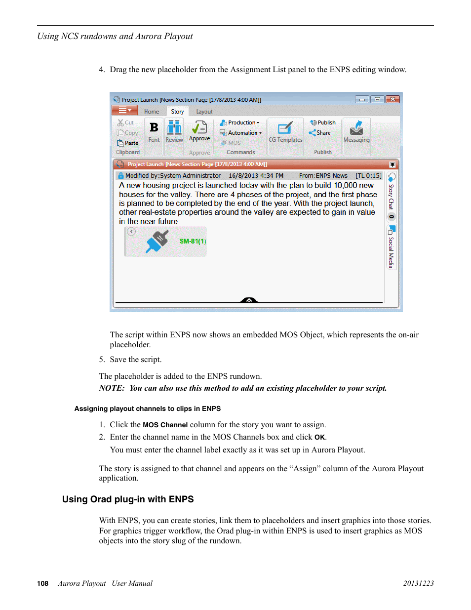 Assigning playout channels to clips in enps, Using orad plug-in with enps | Grass Valley Aurora Playout v.8.1 User Manual | Page 108 / 186