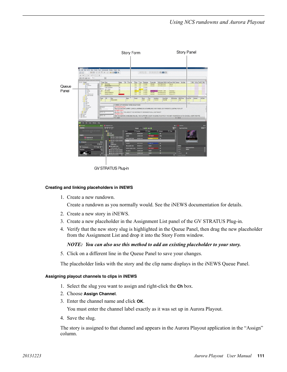 Creating and linking placeholders in inews, Assigning playout channels to clips in inews | Grass Valley Aurora Playout v.8.1 User Manual | Page 111 / 186