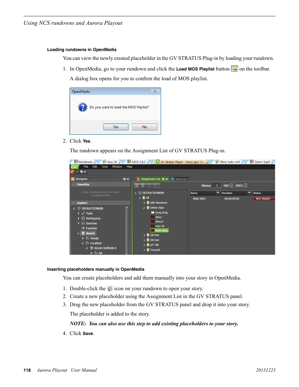 Loading rundowns in openmedia, Inserting placeholders manually in openmedia | Grass Valley Aurora Playout v.8.1 User Manual | Page 118 / 186