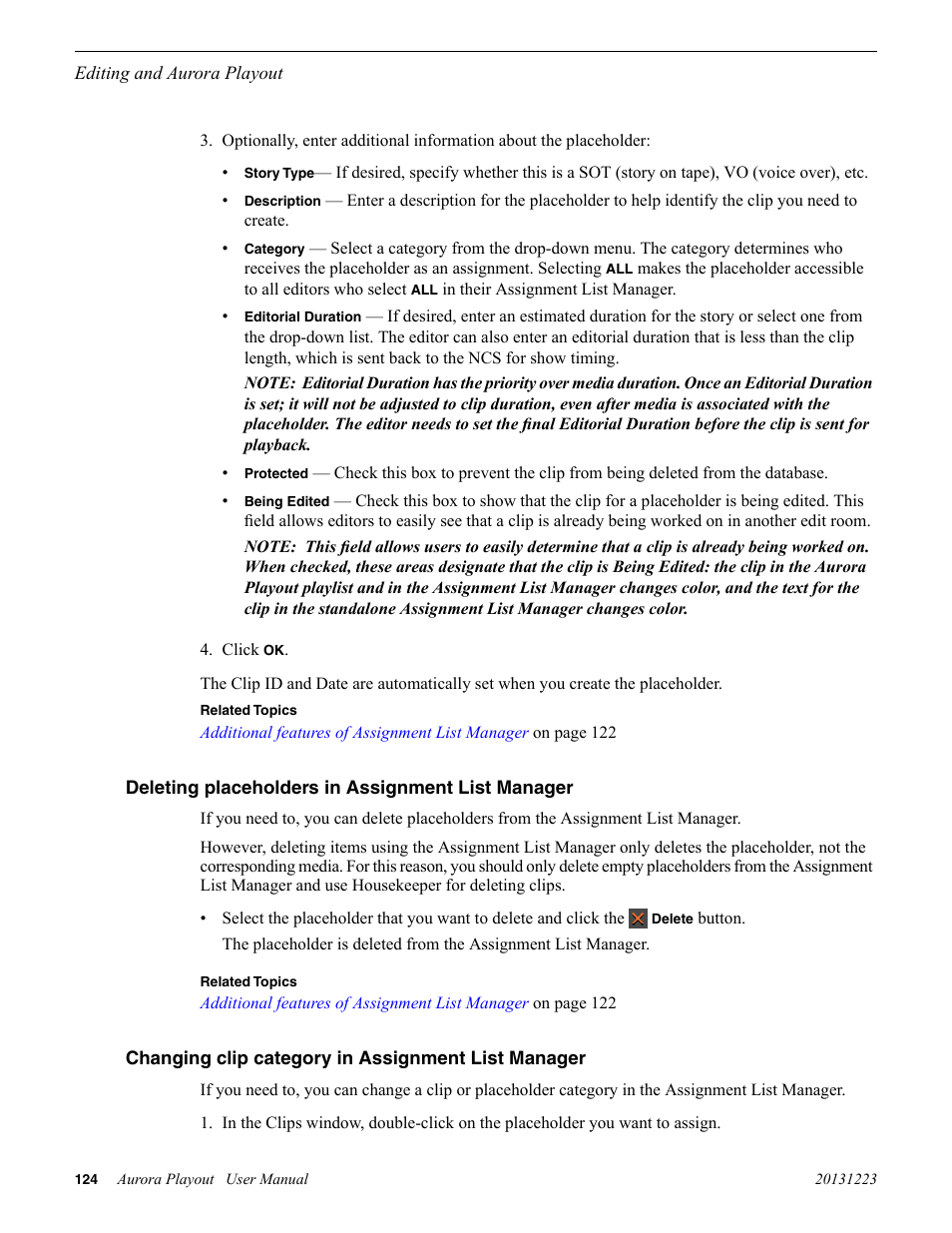 Deleting placeholders in assignment list manager, Changing clip category in assignment list manager | Grass Valley Aurora Playout v.8.1 User Manual | Page 124 / 186