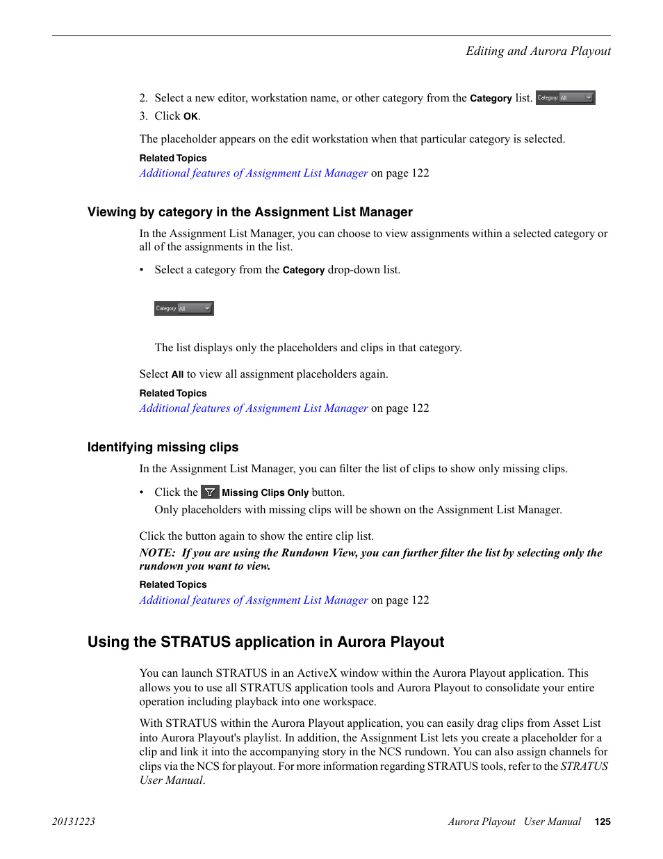 Viewing by category in the assignment list manager, Identifying missing clips, Using the stratus application in aurora playout | Grass Valley Aurora Playout v.8.1 User Manual | Page 125 / 186