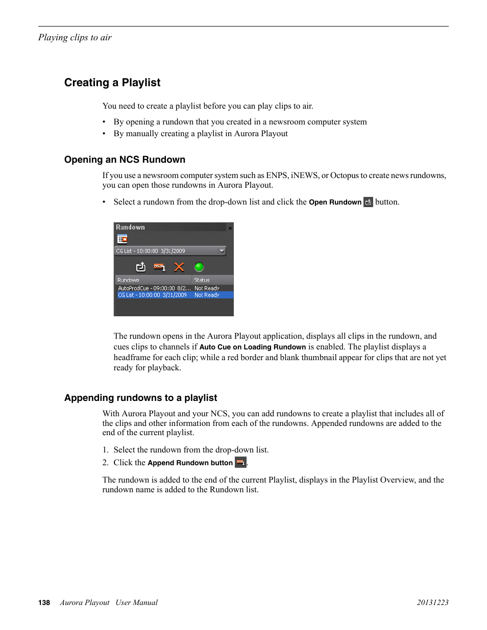 Creating a playlist, Opening an ncs rundown, Appending rundowns to a playlist | Grass Valley Aurora Playout v.8.1 User Manual | Page 138 / 186