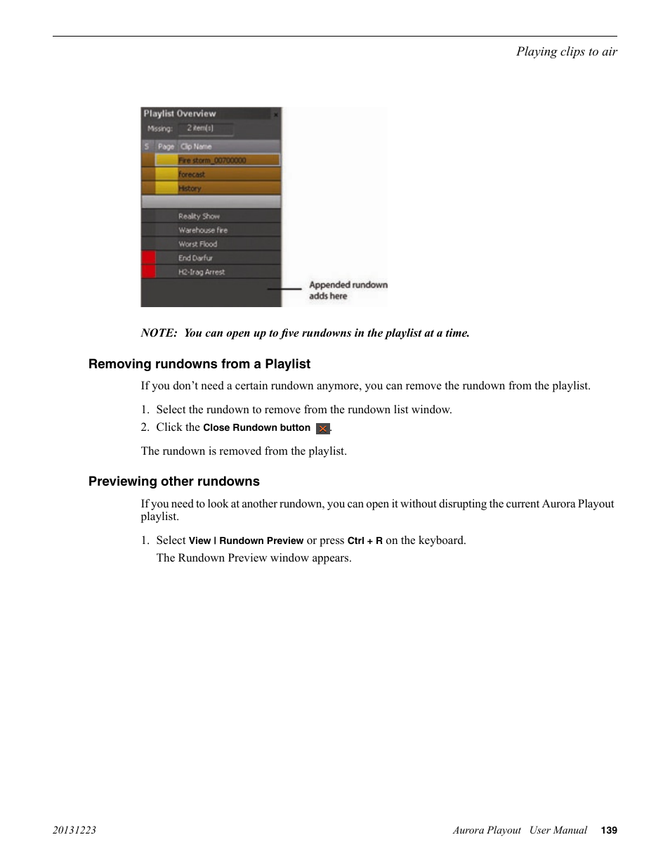 Removing rundowns from a playlist, Previewing other rundowns | Grass Valley Aurora Playout v.8.1 User Manual | Page 139 / 186