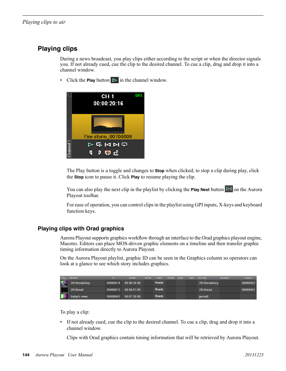 Playing clips, Playing clips with orad graphics | Grass Valley Aurora Playout v.8.1 User Manual | Page 144 / 186