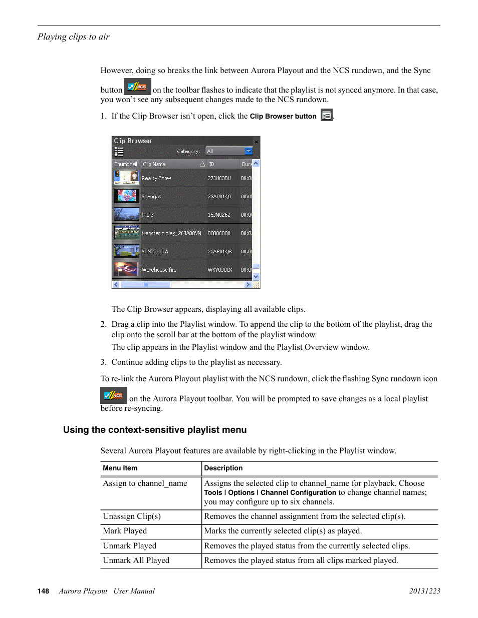 Using the context-sensitive playlist menu | Grass Valley Aurora Playout v.8.1 User Manual | Page 148 / 186