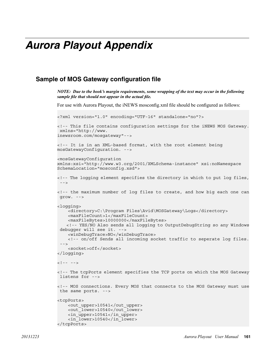 Aurora playout appendix, Sample of mos gateway configuration file | Grass Valley Aurora Playout v.8.1 User Manual | Page 161 / 186
