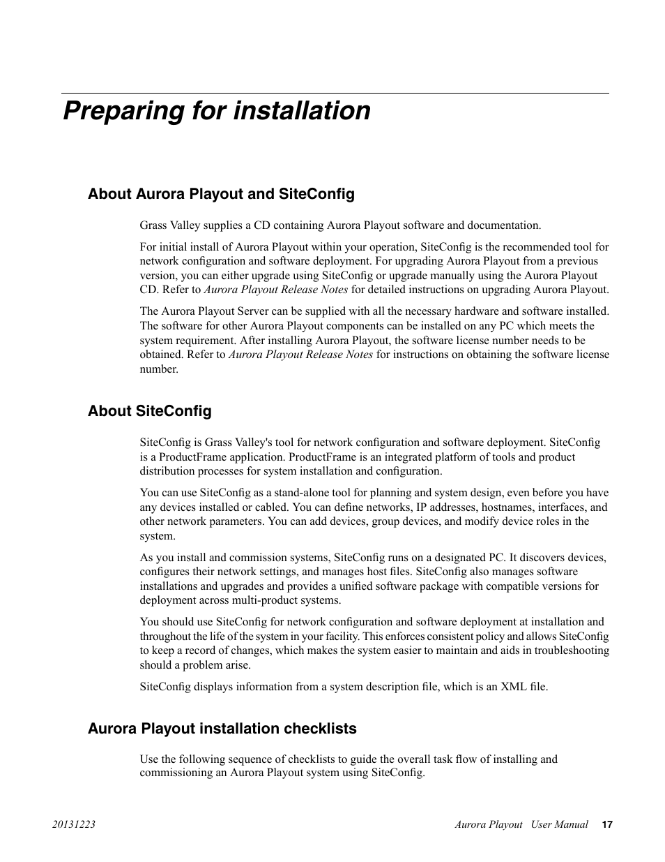 Preparing for installation, About aurora playout and siteconfig, About siteconfig | Aurora playout installation checklists | Grass Valley Aurora Playout v.8.1 User Manual | Page 17 / 186