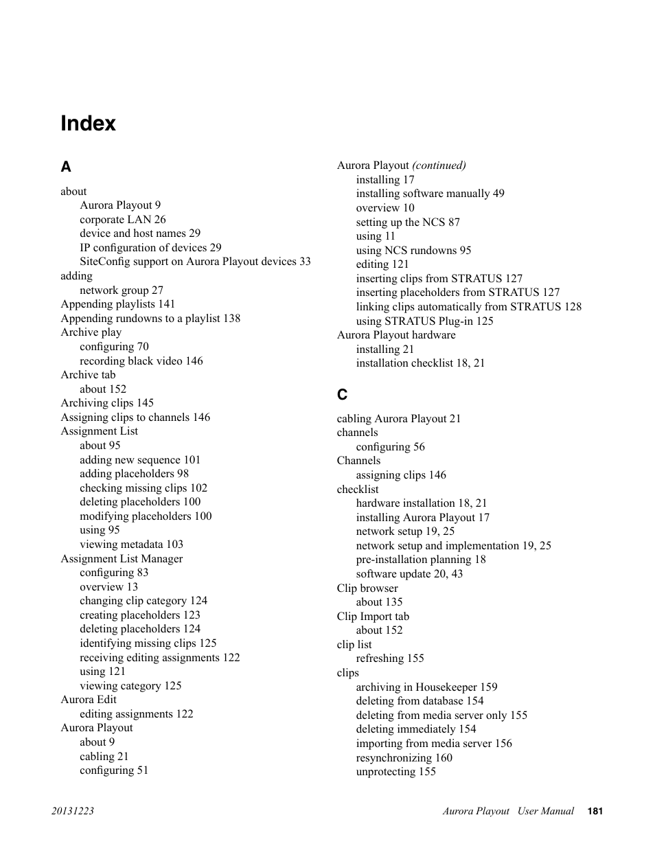 Index | Grass Valley Aurora Playout v.8.1 User Manual | Page 181 / 186